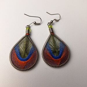 Colorful String Art Dangle Teardrop Earrings Silvertone Peacock